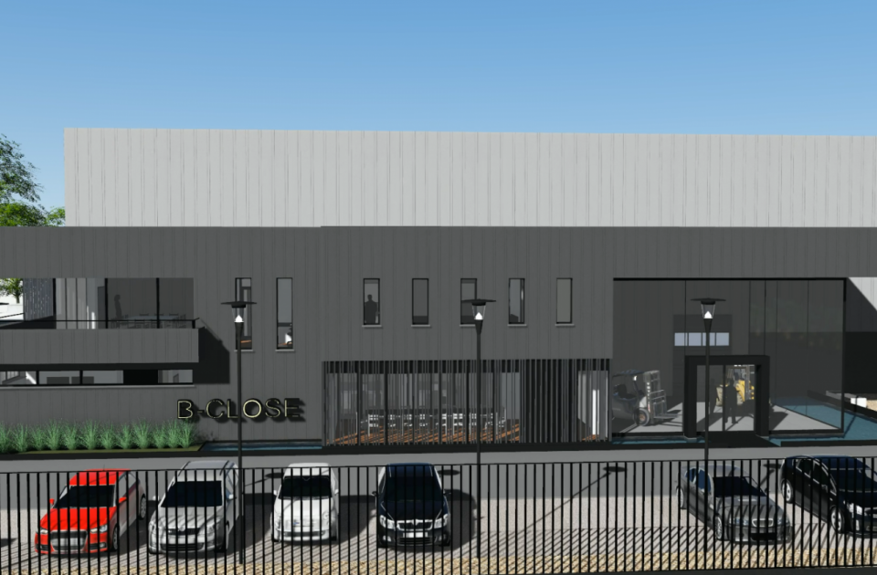 B-Close , vorkheftrucks, nieuwbouw, kantoorgebouw, staalbouw, namen, mathieu gijbels, de voordenkers